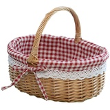 Rattan Picknickkorb, Geflochten Einkaufskorb Weidenkorb mit Henkel Baumwolle Stoffbezug Obstkorb Gewebten Aufbewahrungskorb Tragekorb Klein Autokorb Weide Korb zum Einkaufen Henkelkorb,26cmx13cmx28cm