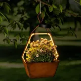 Solar Blumenampel In Rost Optik Warm Weiß Beleuchtet - Hexagon - Deko Hängeleuchte Zum Bepflanzen