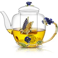 Teekanne aus Emaille-Glas mit Rose, Schmetterling und goldenem Rand, blaue Rosen-Teekanne mit Teesieb und Deckel, Geschenke für Mutter, Frauen, Muttertag, Geburtstag, Weihnachten