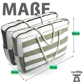 BigDean Strandtasche XXL Grün/Weiß/Grau 53 x 38 x 20 cm