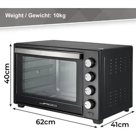 Jago® Minibackofen - mit Umluft, Drehspieß, Innenbeleuchtung, Elektrisch, 60L, 6 Kochmodi, 2000W, Timer, 100 - 230 °, Doppelglastür