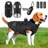 LOVPET® Hundejacke Hundemantel mit Geschirr, inkl. 45 Stück Kotbeutel + Spender, Hunde Winterweste gefüttert wasserdicht, Gepolsterte Weste Mit Brustgurt, Reflektoren, D-Ring
