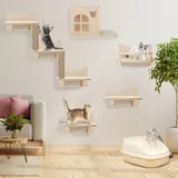 Kletterwand Katzen, Katzen Wandelemente aus Holz, Stabiles Katzenwandmöbel, Kletterwand Set mit Katzentreppe, Katzenhaus und Plattform, Wandmontage
