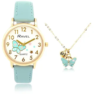Ravel „Little Gems“ Mädchen-Set aus Goldener Armbanduhr und Schmetterlingskette – Analog-Quarzuhr – R2231.6 – Blau