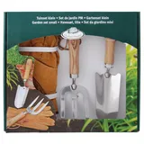 Esschert Design Gartenpflege-Set 3er Set Gartenset, Blumenkelle Handgabel Lederhandschuhe Geschenk