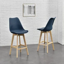 [en.casa] 2er-Set Barstuhl mit Rückenlehne Buche-Gestell Blau en.casa