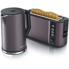 Arendo 2-teiliges Frühstücks-Set, 1,5L Edelstahl Wasserkocher, 2-Scheiben Langschlitz Toaster, Grau