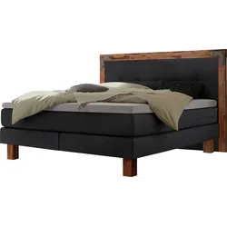 Boxspringbett HASENA "Memphis", braun (anthrazit, akazie braun), B:198cm L:206cm, Komplettbetten, Boxspringbett, im Vintagelook, Massivholz-Umrandung, Tonnentaschen-Federkernmatratze