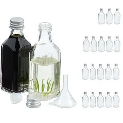 Relaxdays kleine Flaschen, 20er Set, 50 ml, Glasflaschen zum Befüllen, Schraubverschluss & Korken, transparent/silber