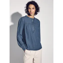 Jeansbluse STREET ONE, Damen, Gr. 46, medium tencel blau, Jeans, 100% Lyocell, unifarben, casual, normal normal, Rundhals, Langarm Manschette, Blusen, Kragen und halbe Knopfleiste am Ausschnitt