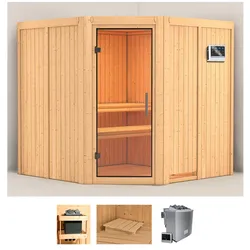 Sauna KARIBU "Jarin", beige (naturbelassen), Bio-Kombiofen, externe Steuerung, 9 kW, Saunen, 9-kW-Bio-Ofen mit externer Steuerung