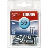 Steinel Novus Stahl-Blindnietmutter 15 mm, 10 Nietmuttern, Ø 9 mm, 0.5-2.0 mm Klemm-Länge, für Stahlbleche, 10 Stück