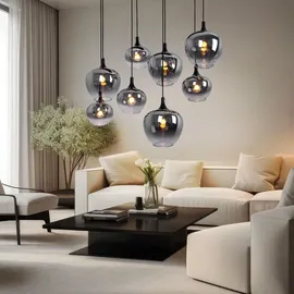 GLOBO Pendellampe Hängeleuchte Wohnzimmer Pendelleuchte Wohnzimmer Esstischleuchte rauch Glasschirm, Metall schwarz, Fassungen 8x E27, Lxbxh 105x45x120 cm