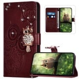 Handyhülle für Samsung Galaxy A80/A90 Hülle Leder,Galaxy A80/A90 Klapphülle Handytasche Bling Glitzer Diamant Eule Muster Tasche Leder Flip Case Lederhülle Magnetisch Wallet Schutzhülle,Wine Rot