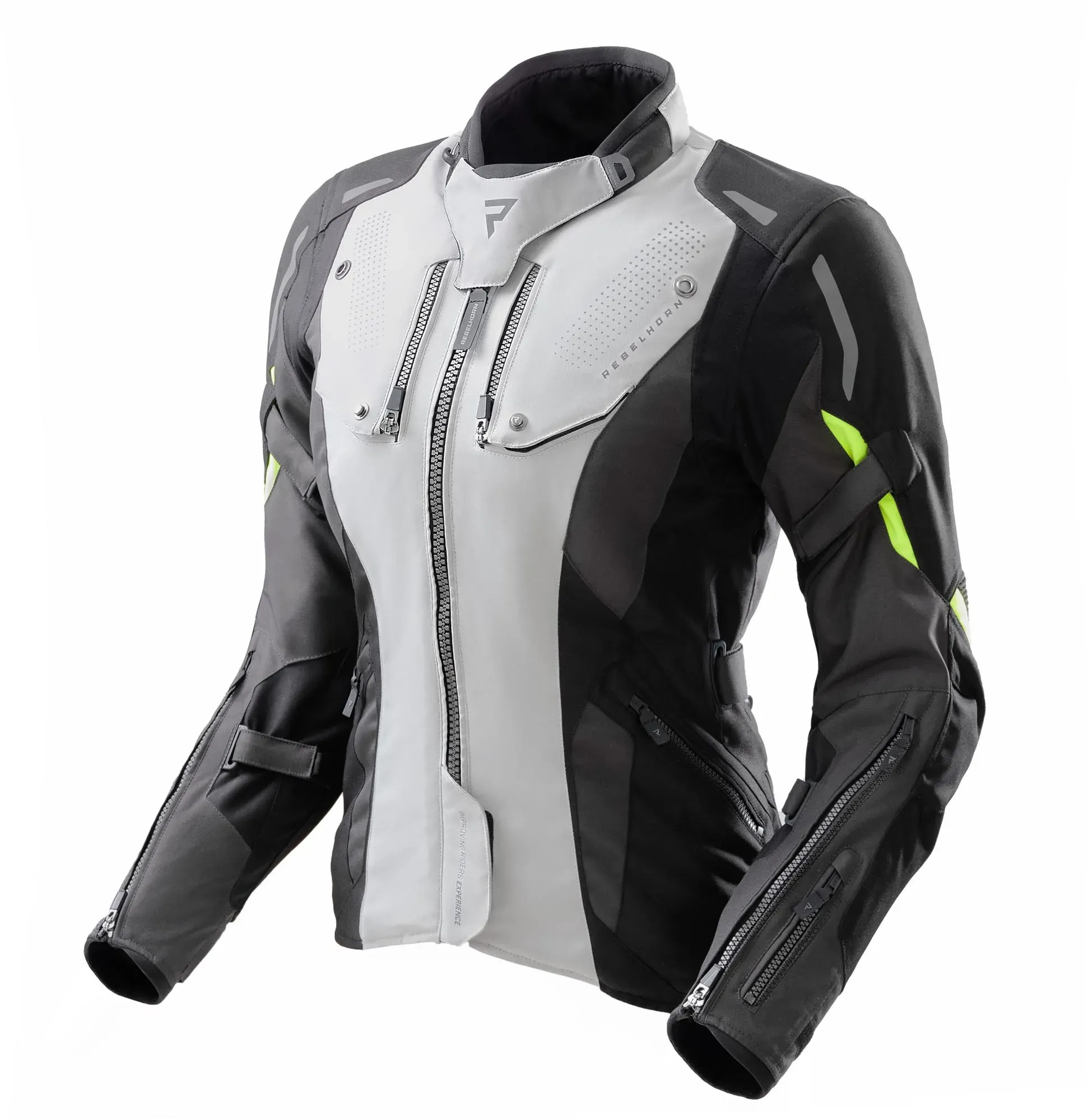 Rebelhorn Hiker 4 waterdichte dames motorfiets textieljas, zwart-grijs-geel, M Voorvrouw