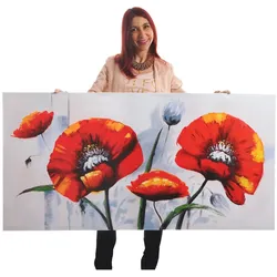 Wandbild Roter Mohn, 100% handgemaltes Ölgemälde Gemälde XL, 140x70cm