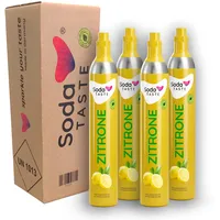 SodaTASTE CO2-Zylinder tauschen 4er-Pack (Refill) für Wassersprudler, mit natürlichem Zitronenaroma, ohne Sirup, für bis zu 240l Sprudelwasser mit Geschmack, zuckerfrei (ACHTUNG: 4 Leerzylinder nötig)