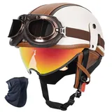 YHQUDGWT Halbschalenhelm mit ECE, Retro Motorradhelm mit Schnellverschlussschnalle, Versteckte Schutzbrille, ABS-Schale, für Erwachsene Männer und Frauen, Chopper, Scooter, Moped