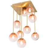 Qazqa - Art Deco Art-Deco-Deckenlampe Gold I Messing mit rosa Glas 9 Lichter - Athen I Wohnzimmer I Schlafzimmer - Stahl Quadratisch - LED geeignet G9