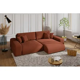 luma-home Cord Ecksofa Schlaffunktion ausziehbar Bettkasten Polsterecke L-Couch Terracotta & Braun/Orange