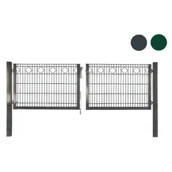 Gittermatten Tor Deluxe - 300 x 80 cm - grün (RAL 6005) - Doppelflügeltor mit Karodekor - robust & langlebig - Zauntor für Garteneinfahrten