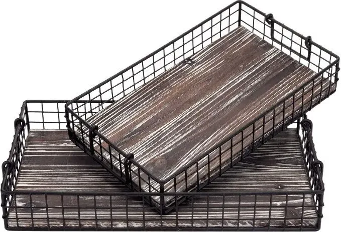 MyGift 16 und 14 Zoll große ineinander stapelbare Arbeitsplatten-Aufbewahrungskörbe mit Griffen, rustikales verbranntes Holz und schwarzer Metalldraht Dekorative Regal-Organizer-Behälter, 2-teiliges Set
