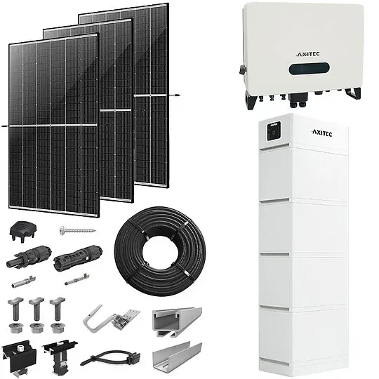 PV-Komplettanlage 10 kWp mit AXITEC Wechselrichter 10 kW + Stromspeicher 13,5 kWh, 24 Solarmodulen Glas-Glas black frame & Montagesystem Aufdach (* 0% MwSt. gem. §12 Abs. 3 UstG)