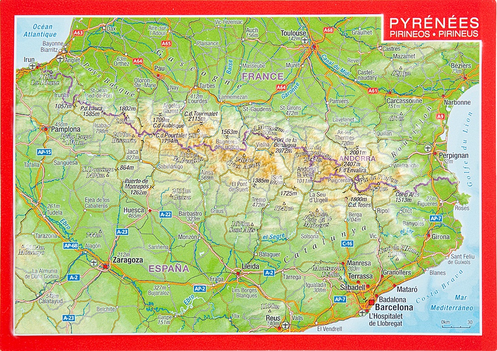 Georelief Reliefpostkarte Pyrenäen - bunt