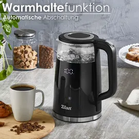 Zilan Wasserkocher Glas mit Temperatureinstellung (40°C-100°C) 1,7 Liter Teekocher Warmhaltefunktion led Display mit Temperaturwahl 2200 Watt 100...