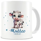 Samunshi® Kindertasse mit Namen Tasse mit Baby Kuh Personalisierte Tasse mit Namen Kinder Kinderbecher mit Namen für Kindergarten oder Geburtstag weiß 300ml