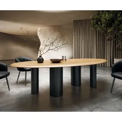 DELIFE Esstisch Edge Oval 280x130x2,5 Eiche Natur Pilier Metall Schwarz Flow-Edge, Esstische