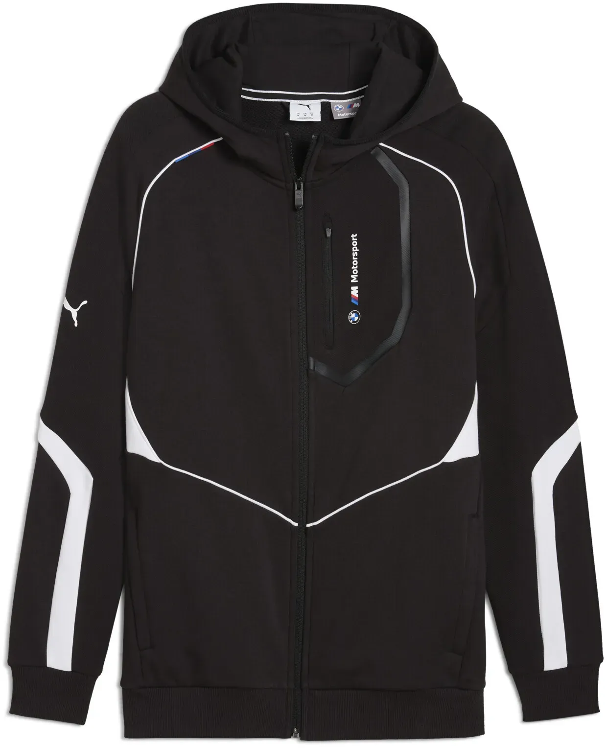 Sweatjacke PUMA "BMW M Motorsport Kapuzenjacke Herren", Herren, Gr. XS, schwarz, Obermaterial: 32% Polyester, 68% Baumwolle; Taschenfutter: 100% Baumwolle; Kapuzenfutter: 100% Baumwolle; Ärmel: 68% Baumwolle, 32% Polyester; Kapuze: 28% Polyester, 72% Baumwolle; Rippe: 97% Baumwolle, 3% Elasthan; Einsatz: 72% Baumwolle, 28% Polyester; Seitentascheu00a0u2013 Oben: 100% Baumwolle; Seitentascheu00a0u2013 Unten: 100% Baumwolle, Sweatjacken