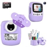 Kinderkamera, 30MP 1080P Sofortbildkamera Kinder Drucken Schwarzweiß Foto mit 2,4 Zoll Bildschirm, Digitalkamera Kinder mit 32GB TF-Karte, 6 Farben Pinselstift, Dual Kamera, Geschenk für Kinder, Lila