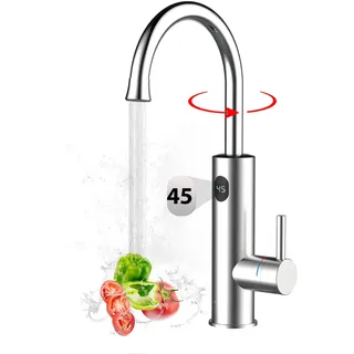 Wasserhahn mit Durchlauferhitzer Küche, 3200W Elektrische Heizung Wasserhahn, LED Temperaturanzeige 360o Misch Drehung Küchenarmatur, 304 Edelstahl Armatur, Silber