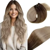 Vivien Echthaar Tressen Extensions Remy Extensions Tressen Echthaar Dunkelbraun Ombre zu Honigblond Gemischt Platinblond Tressen Echthaar Extensions zum Einnähen 40cm 100g #4/14/60