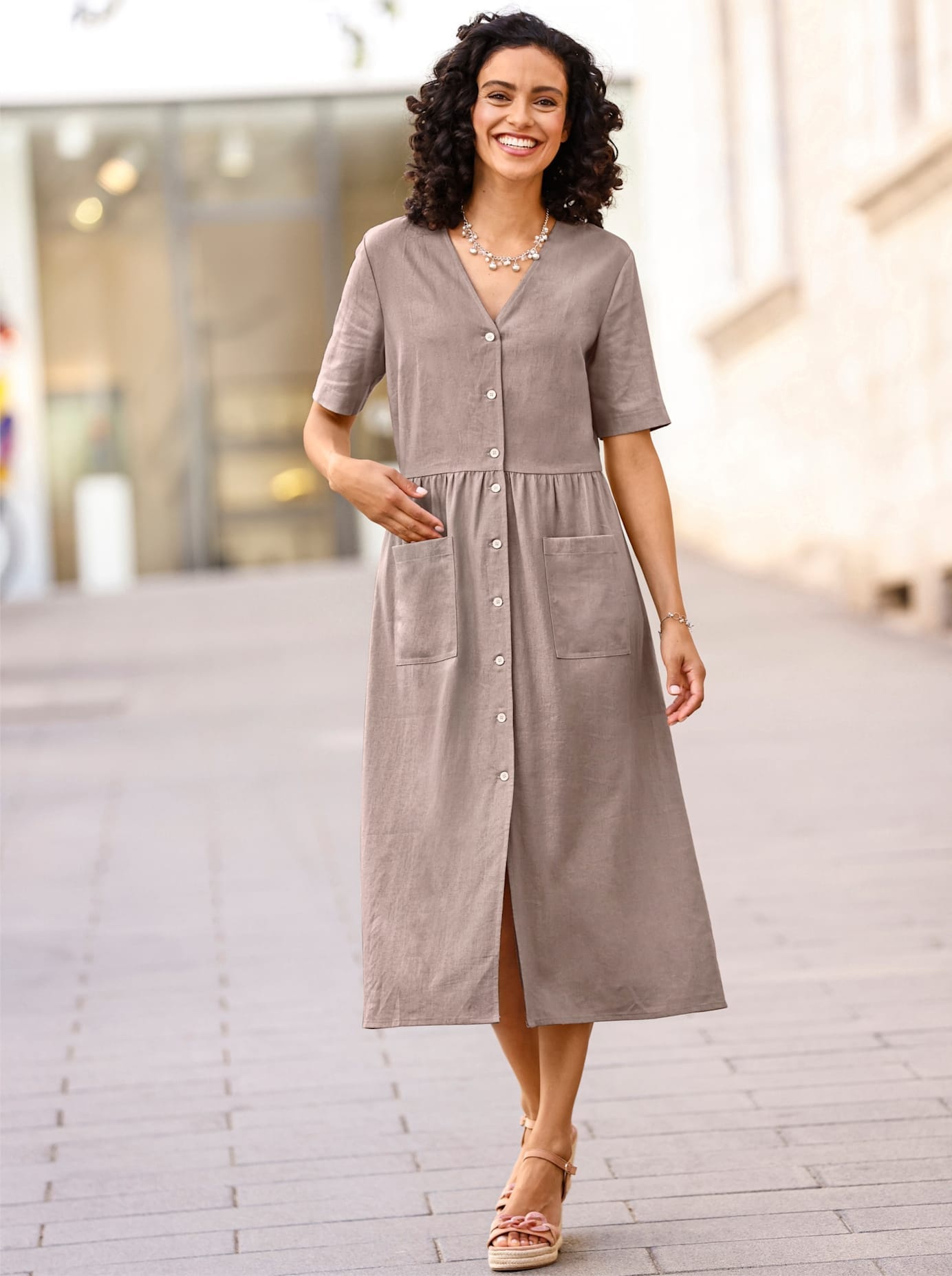 A-Linien-Kleid INSPIRATIONEN "Kleid" Gr. 44, Normalgrößen, grau (taupe), Damen, Web, 55% Leinen, 45% Viskose, unifarben, Kleider