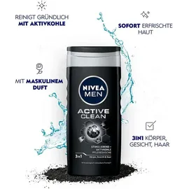 NIVEA Men Active Clean Duschgel (250 ml), pH-hautneutrale Pflegedusche mit maskulinem Duft, Männer Duschgel mit Aktivkohle für Körper, Gesicht und Haar