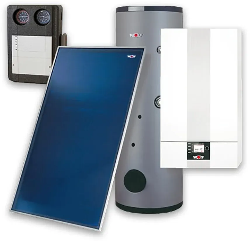 Solar Set mit Gasbrennwerttherme CGB-2-20, WOLF, Sonnenkollektor TopSon F3-1, Aufdach, Warmwasser-Solarspeicher SEM-2 mit zwei Glattrohr-Wärmetausche