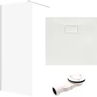 Badland Walk-In Dusche + Duschwanne 80x80 - Quadratisch Transparent Gehärtet 8 mm Nano Glas Weiß Steinoptik SMC inkl. Siphon | BADLAND KETIL V...