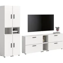 xonox.home – Wohnkombination The One in Weiß Nachbildung – Große Schrankwand mit 4 Türen & 4 Klappen – 20 Fächer insgesamt bieten unendliche Möglichkeiten für eine saubere Lagerung