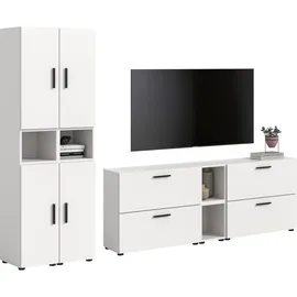 xonox.home – Wohnkombination The One in Weiß Nachbildung – Große Schrankwand mit 4 Türen & 4 Klappen – 20 Fächer insgesamt bieten unendliche Möglichkeiten für eine saubere Lagerung