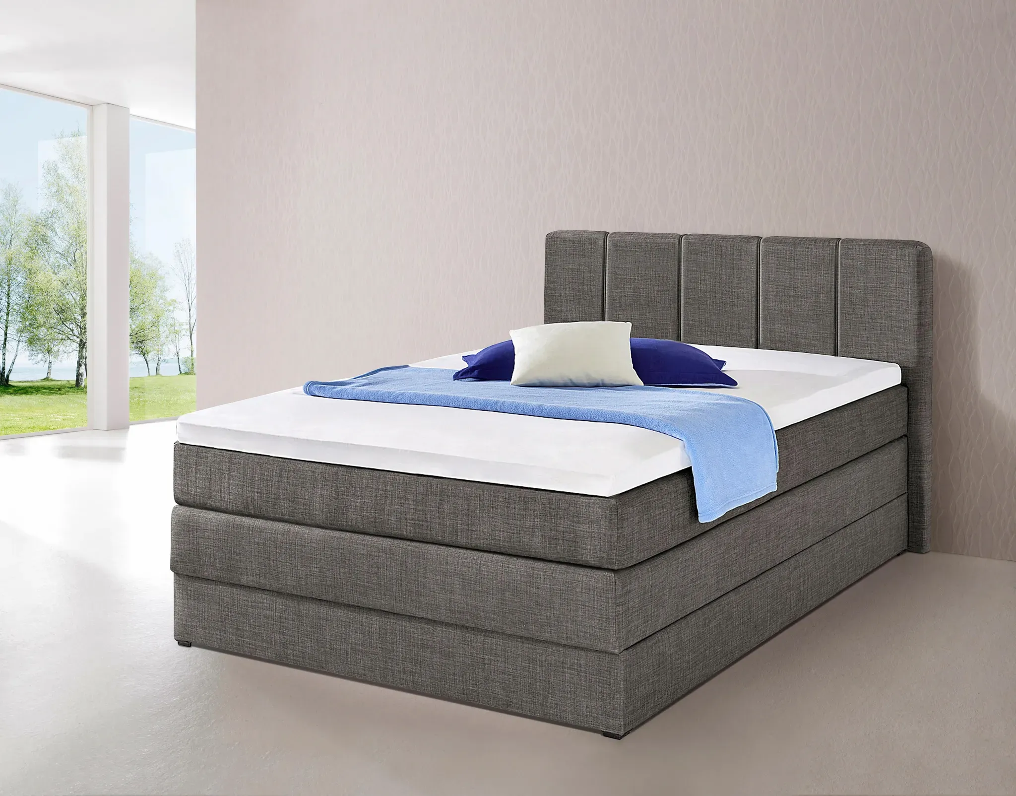 Boxspringbett HAPO, grau (anthrazit), Liegefläche B/L: 140cm x 200cm, kein Härtegrad, Bonnell-Federkernmatratze, Kopfteil, seitliche Unterbox und Obermatratze sind mit pflegeleichtem Feinstrukturstoff in Leinenoptik (100% Polyester) bezogen;Die Oberseite der Unterfederung und die Ober- und Unterseite der Obermatratze sind jeweils mit einem rutschhemmenden Stoff aus 100% Polyester bespannt., Komplettbetten, Boxspringbett, mit Bettkasten