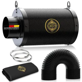 the grow PUREAIR 100 mm Aktivkohlefilter Set für Growbox und Growzelt, Abluftfilter Geruchtsfilter mit RC412 Aktivkohle, 38 mm Kohlebett, 2 m Schlauch, Schellen und Vorfilter