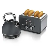 Arendo Frühstücks-Set Edelstahl Wasserkocher 1,7l, 4-Scheiben Kurzschlitz Toaster, Cool Grey (2-tlg), Frühstücksset, Wasserkocher Retro, Toaster Vintage, 2 Rösteinheiten schwarz