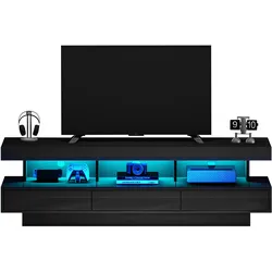 Merax 160 cm Schwarzer Hochglanz-TV-Ständer mit 3 Glasablagen, LED-Beleuchtung, App-Steuerung, Bluetooth-Konnektivität für 70-Zoll-Fernseher