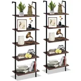 Leiterregal, Bücherregal mit Metallrahmen, Industrielles Leiterregal, Wandregal mit 5 Ebenen, Wandlehnregal, Standregal für Wohnzimmer, Schlafzimmer, Büro, Badezimmer, 60 x 30 x 183 cm, Braun (2 PCS)