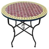 Saharashop Mediterraner Mosaiktisch Rund Ø 80 cm Bordeaux-Gelb, Terrassentisch, Gartentisch, Mediterraner Fliesentisch, Beistelltisch-Handarbeit, Balkontisch Bistrotisch Kaffeetisch