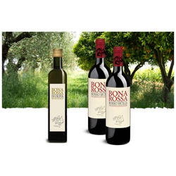 Genusspaket «Bonarossa - Italien» 2 Fl. Wein + 1 Fl. Olivenöl 50 cl, in Geschenkkarton, Bio Probierpakete