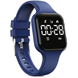 Focwony Digitale Kinderuhr, Schrittzähler, wasserdicht, Fitness-Tracker, Armbanduhr mit Schrittzähler, LED-Anzeige, Stoppuhr für Kinder, Jungen, Mädchen, Teenager (Dunkelblau)