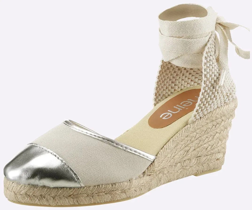 Keilsandalette HEINE, Damen, Gr. 36, beige (beige, silberfarben), Textil, Schuhe